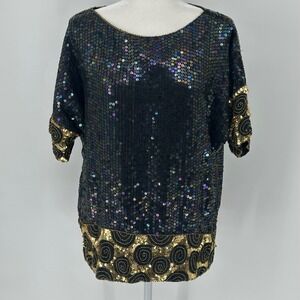 Vtg Sparkling‎ Black Sequin Embellished Gold Swirl Silk Top 20 India Silk read